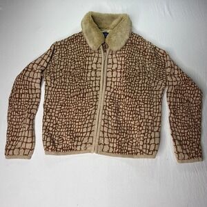 Karen Scott Faux Fur Collar Zip‎ Sweater Women's Medium Brown Tan Geometric Knit